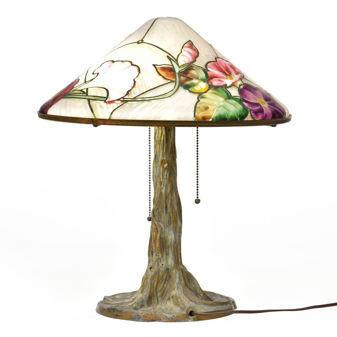 Pairpoint Lamp, circa 1915, with a signature tree trunk base.