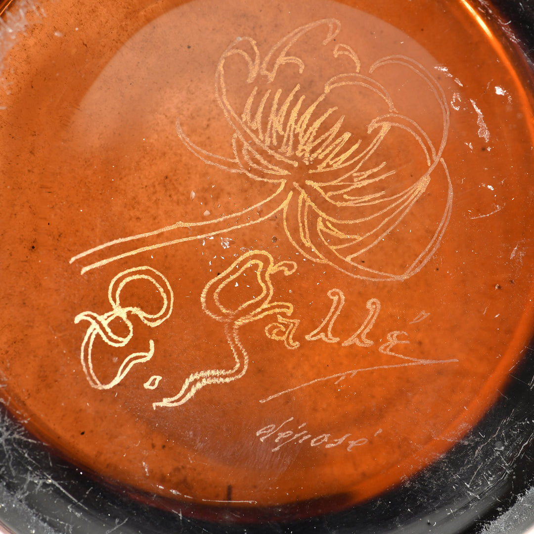 Gallé enameled vase with floral and leaf decorations on brown glass, signed by E. Gallé