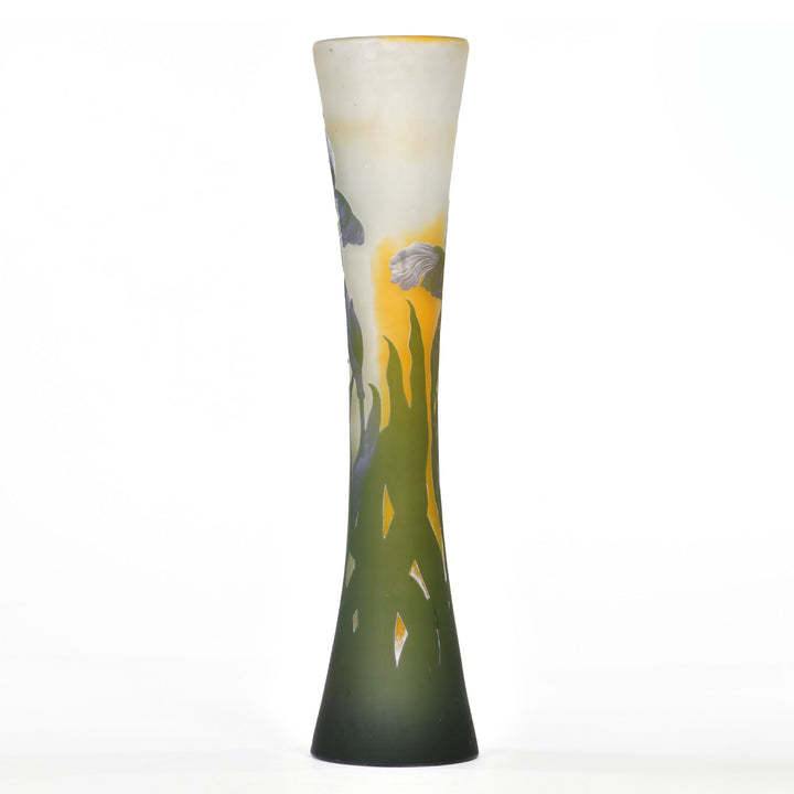 Antique Gallé vase featuring lavender and white iris on pea green background