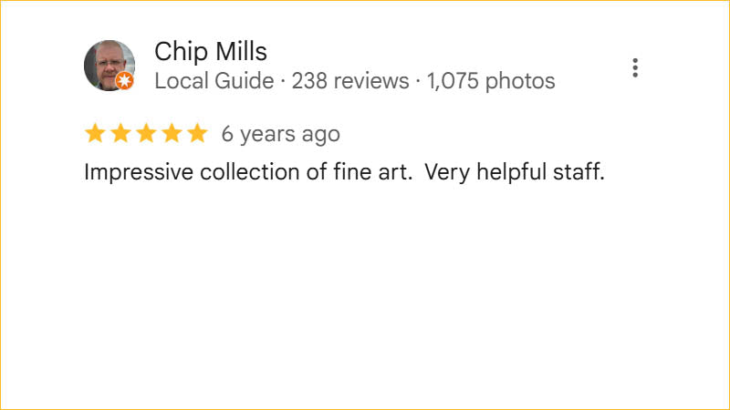 Chip Mills 5-star Regis Galerie review praising impressive fine art collection and helpful staff in The Venetian, Las Vegas.