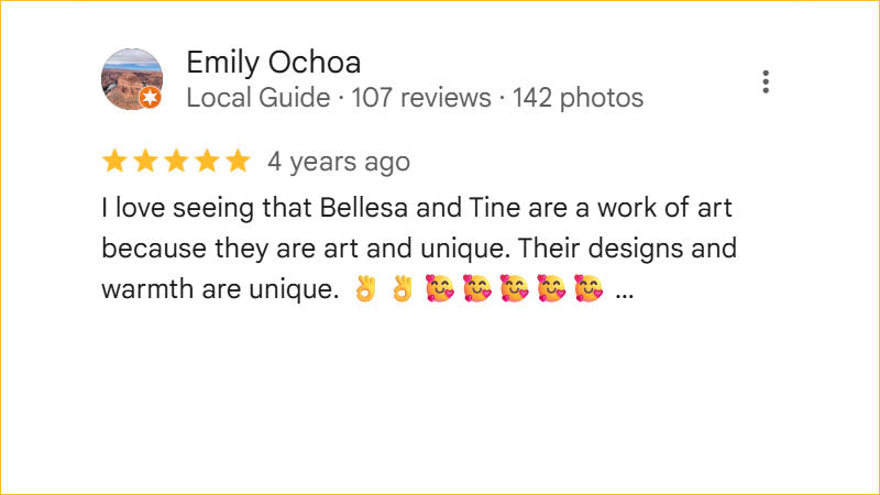 Emily Ochoa 5-star Regis Galerie review praising Bellesa and Tine as unique works of art with warmth and beautiful designs.