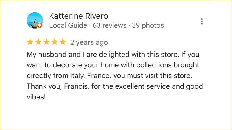 Katterine Rivero 5-star Regis Galerie review praising European collections from Italy and France and Francis’s excellent service in The Venetian, Las Vegas.