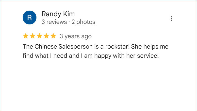 Randy Kim 5-star Regis Galerie review praising outstanding service from the Chinese salesperson who helped him find exactly what he needed.