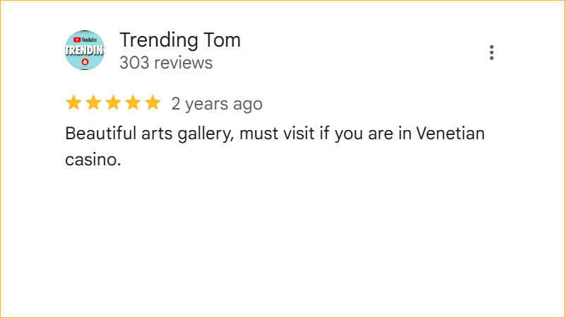 Trending Tom 5-star Regis Galerie review praising the beautiful art gallery as a must-visit inside The Venetian casino in Las Vegas.