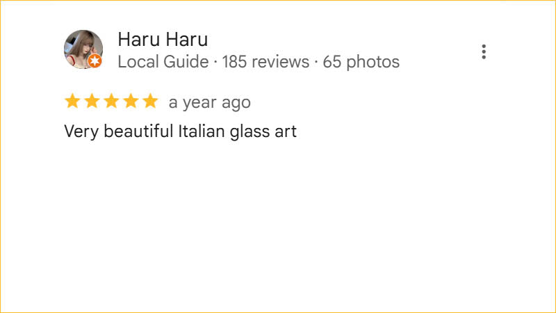 Haru Haru 5-star Regis Galerie review praising beautiful Italian glass art in The Venetian, Las Vegas.