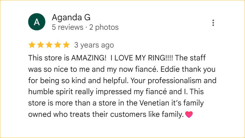 Aganda G 5-star Regis Galerie review praising a stunning ring purchase, Eddie’s kindness, and family-style service in The Venetian, Las Vegas.