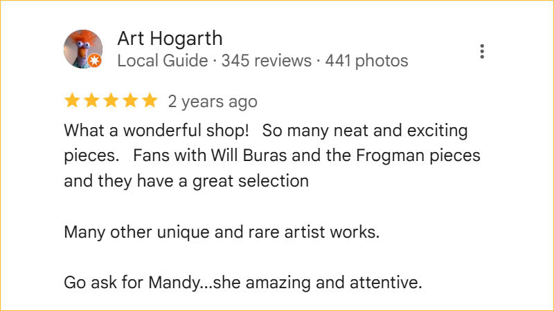 Art Hogarth 5-star Regis Galerie review featuring Mandy’s attentive service, rare artist works, and unique collection in The Venetian, Las Vegas.