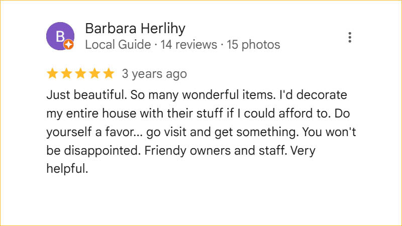 Barbara Herlihy 5-star Regis Galerie review praising beautiful selection, friendly owners, and helpful staff in The Venetian, Las Vegas.