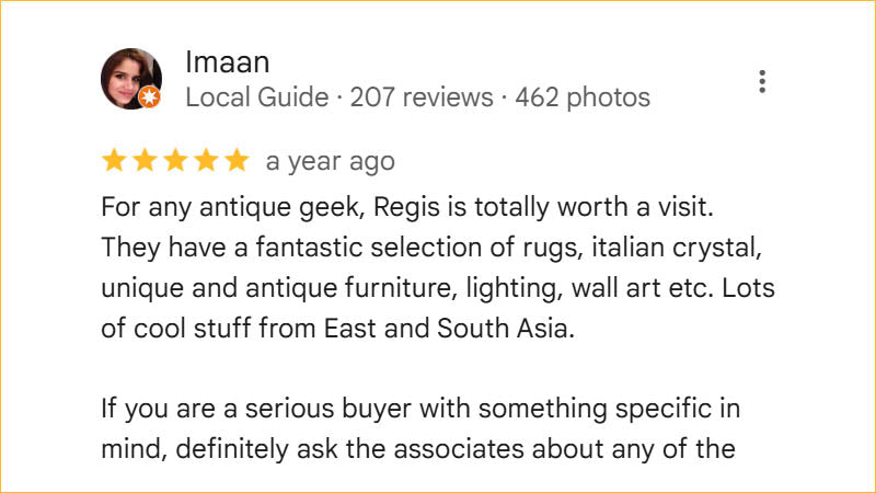 Imaan 5-star Regis Galerie review showcasing antiques, rugs, Italian crystal, and expert service in The Venetian, Las Vegas gallery.