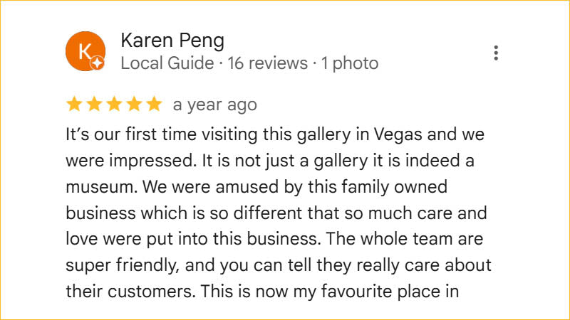 Karen Peng 5-star Regis Galerie review praising museum-like atmosphere, friendly team, and family-owned charm in The Venetian, Las Vegas.