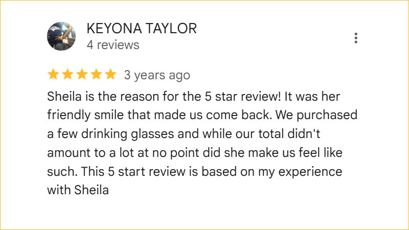 Keyona Taylor 5-star Regis Galerie review praising Sheila’s friendly service and making every purchase feel valued in The Venetian, Las Vegas.