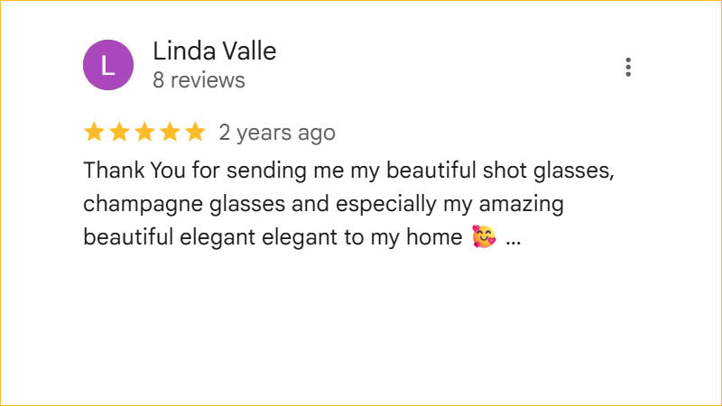 Linda Valle 5-star Regis Galerie review thanking the gallery for sending beautiful glassware and an elegant piece to her home in Las Vegas.