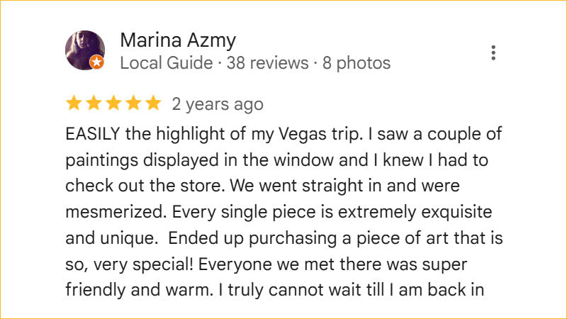Marina Azmy 5-star Regis Galerie review praising exquisite collection, friendly staff, and special art purchase in The Venetian, Las Vegas.
