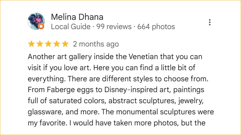 Melina’s 5-star Regis Galerie review praises the gallery’s diverse selection — from Fabergé eggs to monumental sculptures in The Venetian, Las Vegas.
