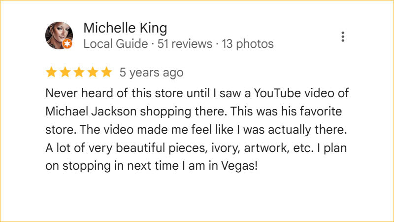 Michelle King 5-star Regis Galerie review discovering the gallery through Michael Jackson and praising its beautiful collection in Las Vegas.