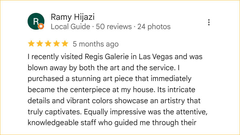 Ramy Hijazi 5-star Regis Galerie review highlighting stunning fine art purchase, vibrant craftsmanship, and exceptional customer service in The Venetian, Las Vegas.