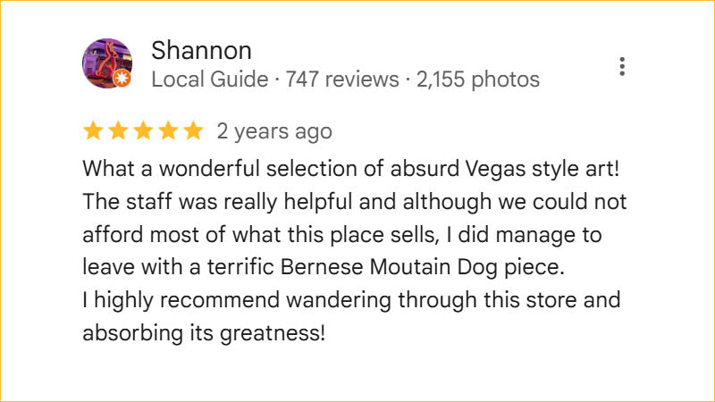 Shannon 5-star Regis Galerie review featuring Bernese Mountain Dog art, helpful staff, and unique Vegas-style collection in The Venetian, Las Vegas.