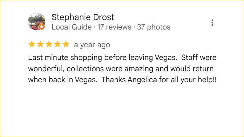 Stephanie Drost 5-star Regis Galerie review praising Angelica’s help, amazing collections, and last-minute shopping in The Venetian, Las Vegas.