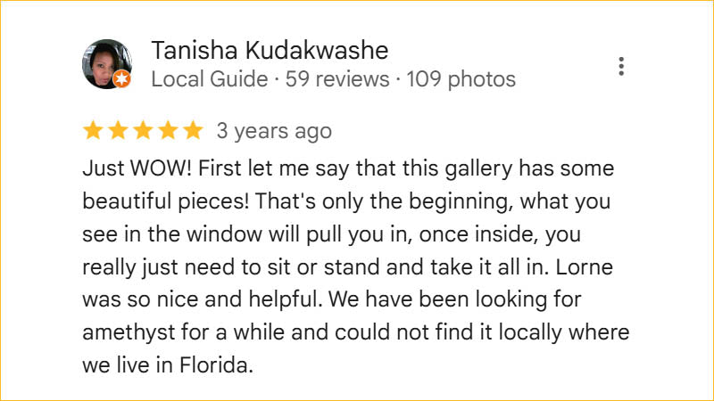 Tanisha Kudakwashe 5-star Regis Galerie review featuring perfect amethyst purchase, Lorne’s exceptional service, and welcoming atmosphere in The Venetian, Las Vegas.