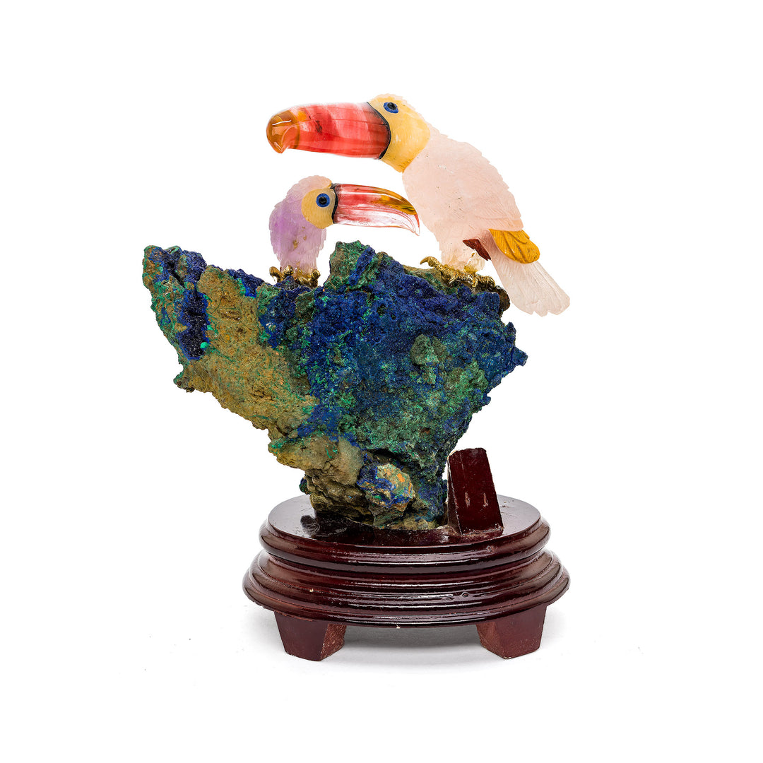 Exquisite rose quartz toucans sculpture with intricate carving