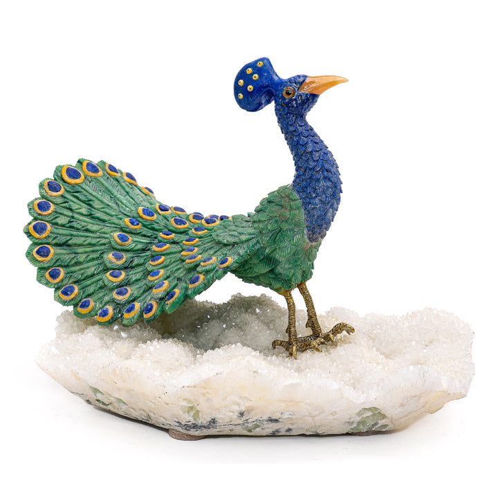 Rare semi-precious stone peacock on shimmering geode base.