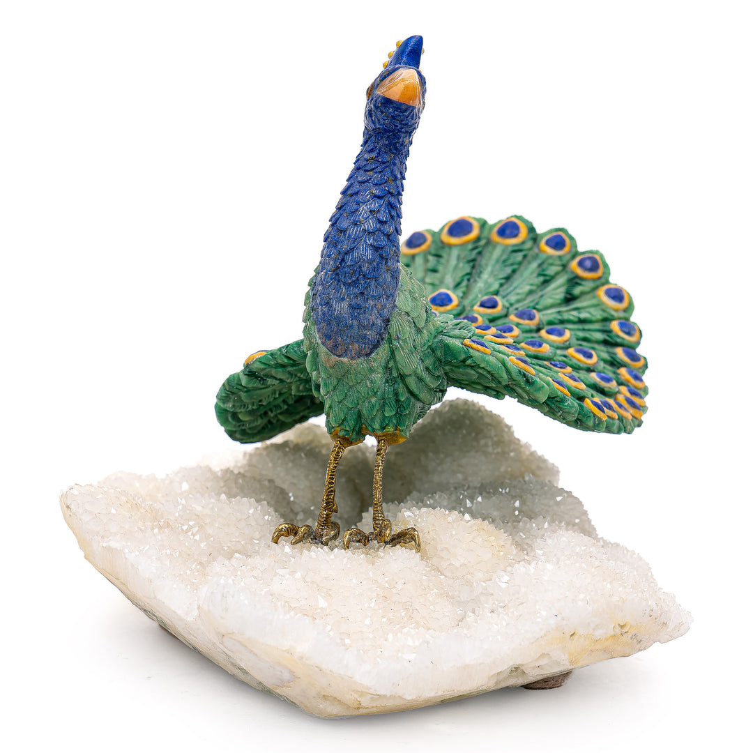 Artistic peacock sculpture with agate and quartz details.