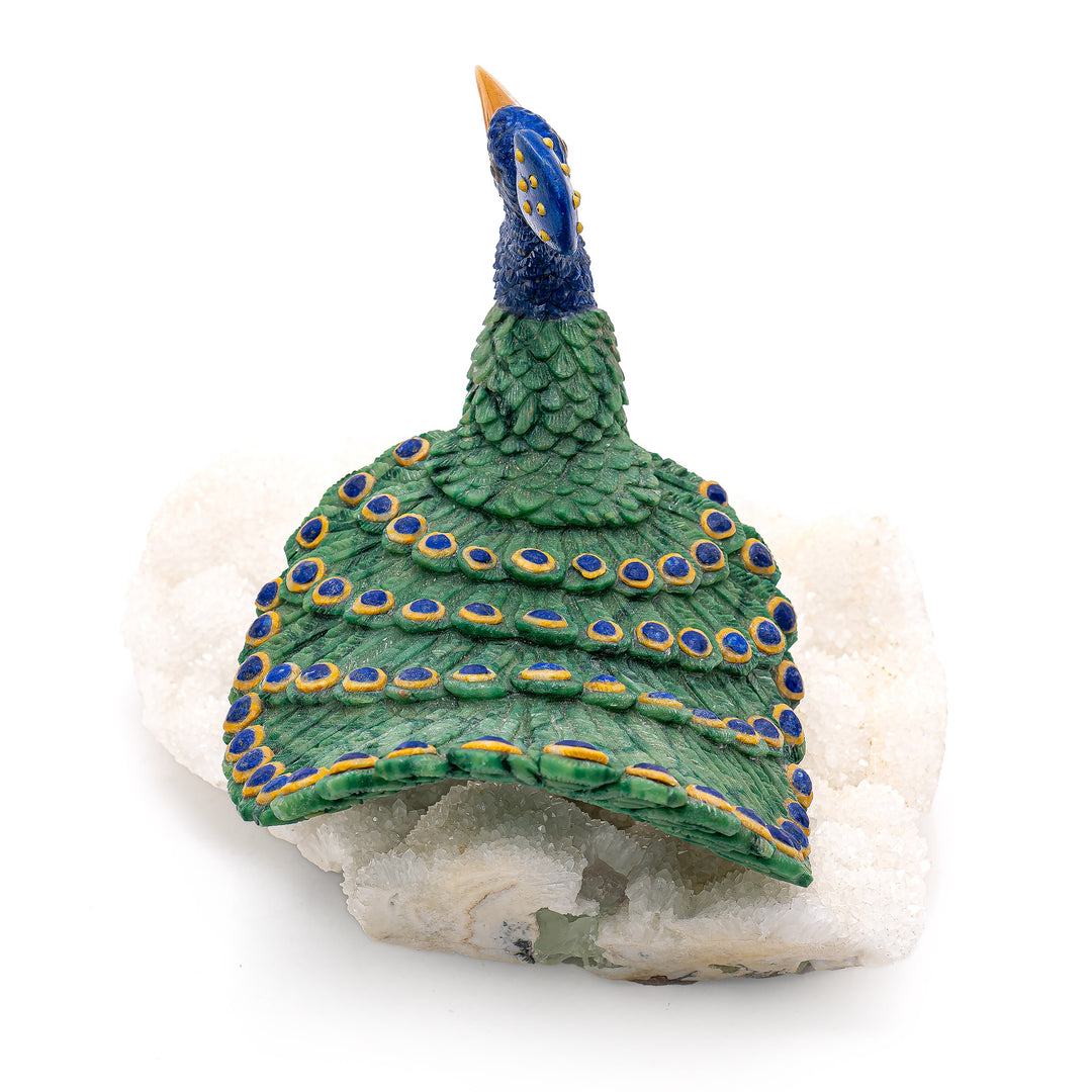 Majestic stone peacock on natural crystal geode.