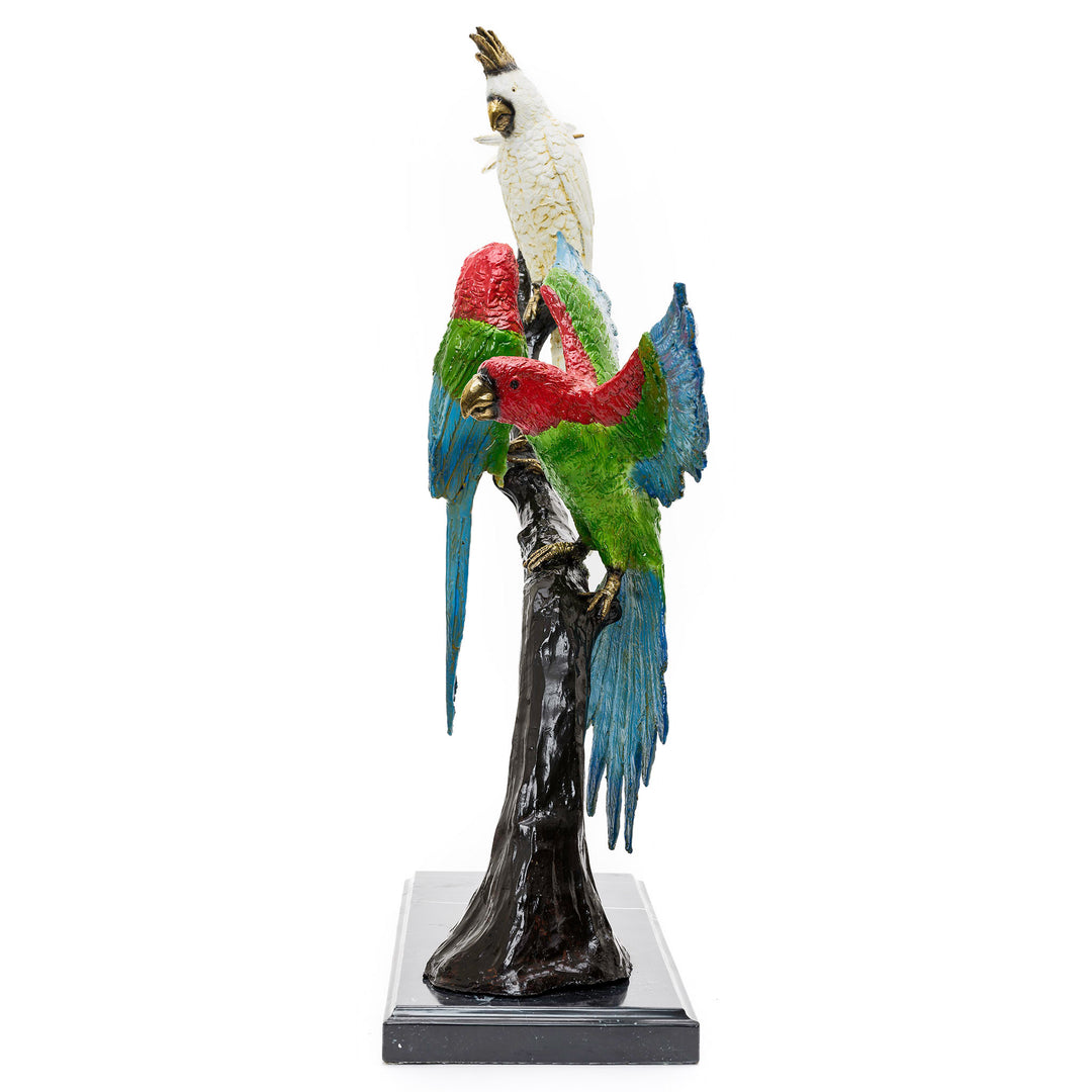 Parrots and parakeet perched in bronze art piece