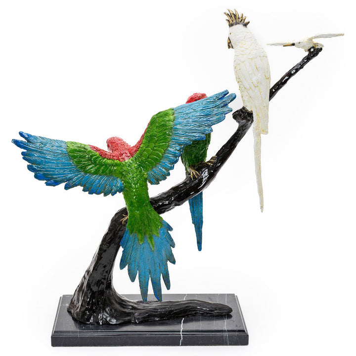 Vividly crafted bronze parrots in a sculpture showcasing ornithological artistry