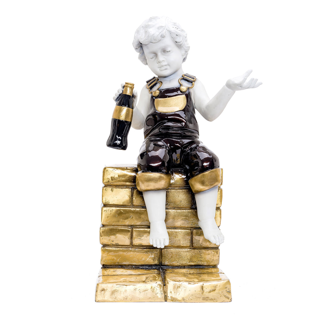 Bronze sculpture of a boy with soda on golden bricks.