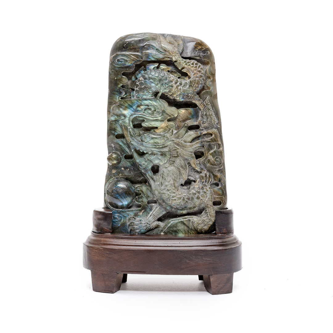 Vertical labradorite dragon plaque with pearl