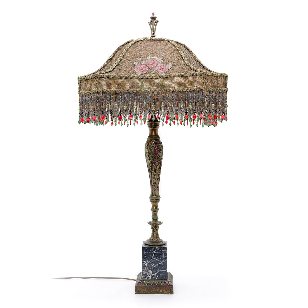Antique hand-embroidered bronze lamp with floral design, circa 1890-1920s.