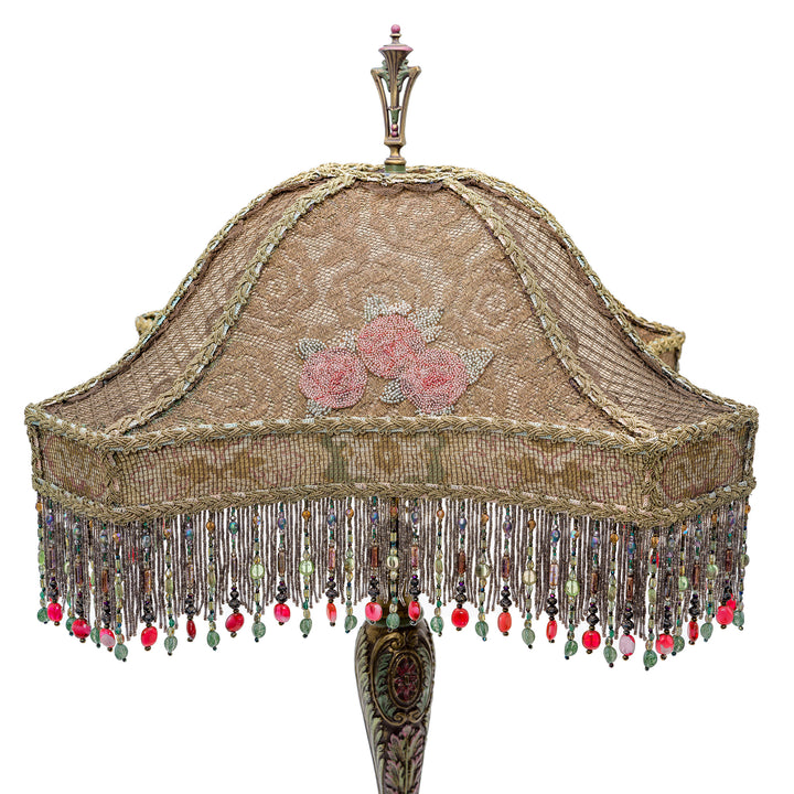 Vintage bronze lamp with hand-embroidered floral shade and beadwork.