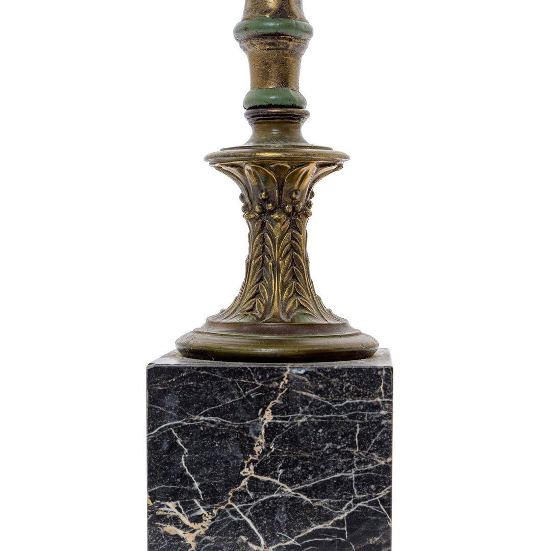 Early 20th-century American handmade lamp with ornate bronze and marble base.