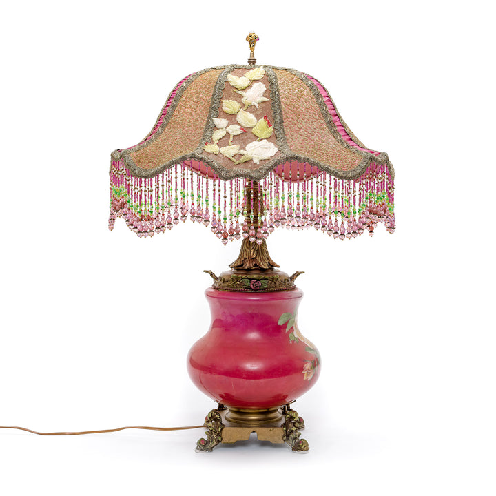 Antique hand-embroidered bronze lamp with hand-painted rose, circa 1890-1920s.