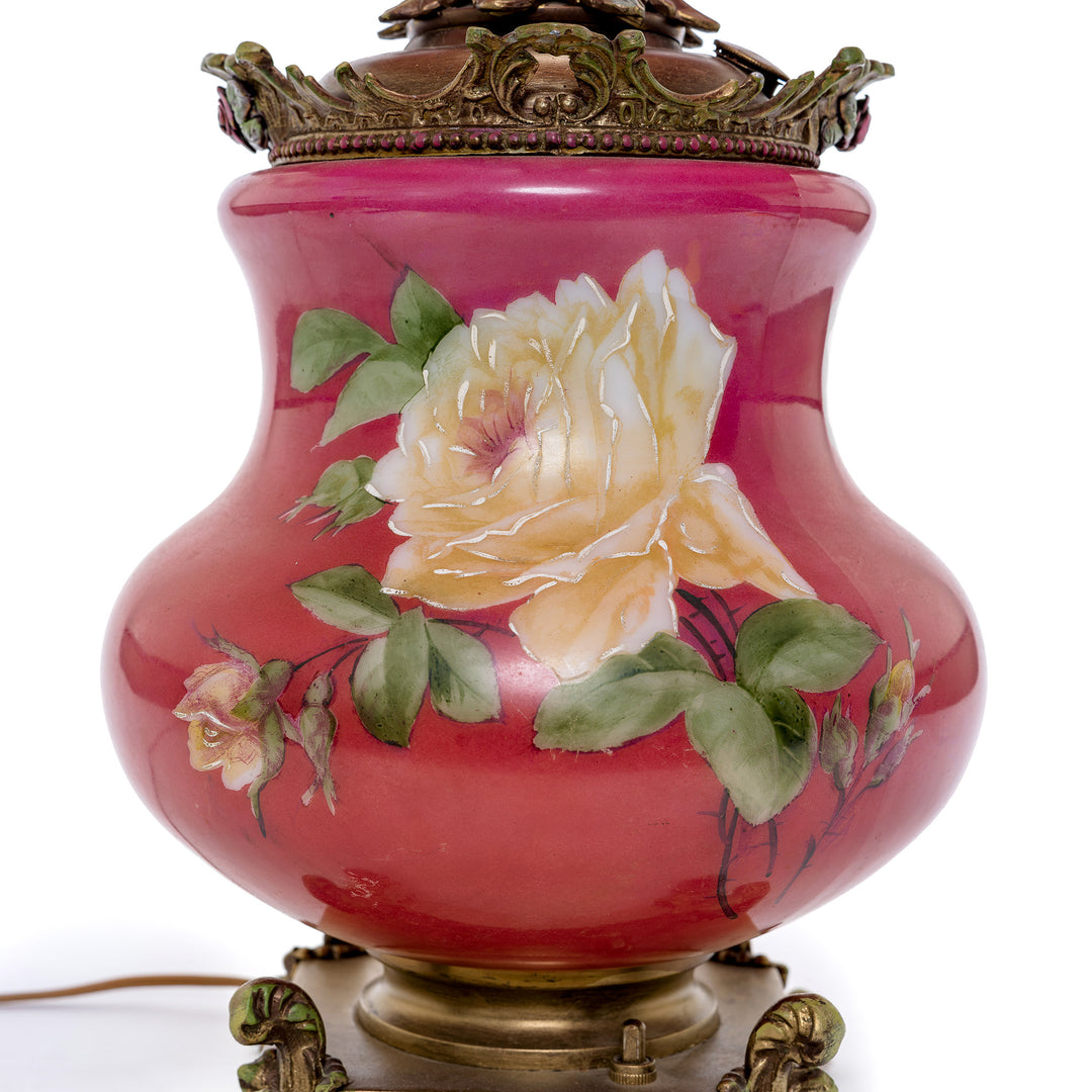 Romantic hand-painted rose lamp with bead fringe from the early 1900s.
