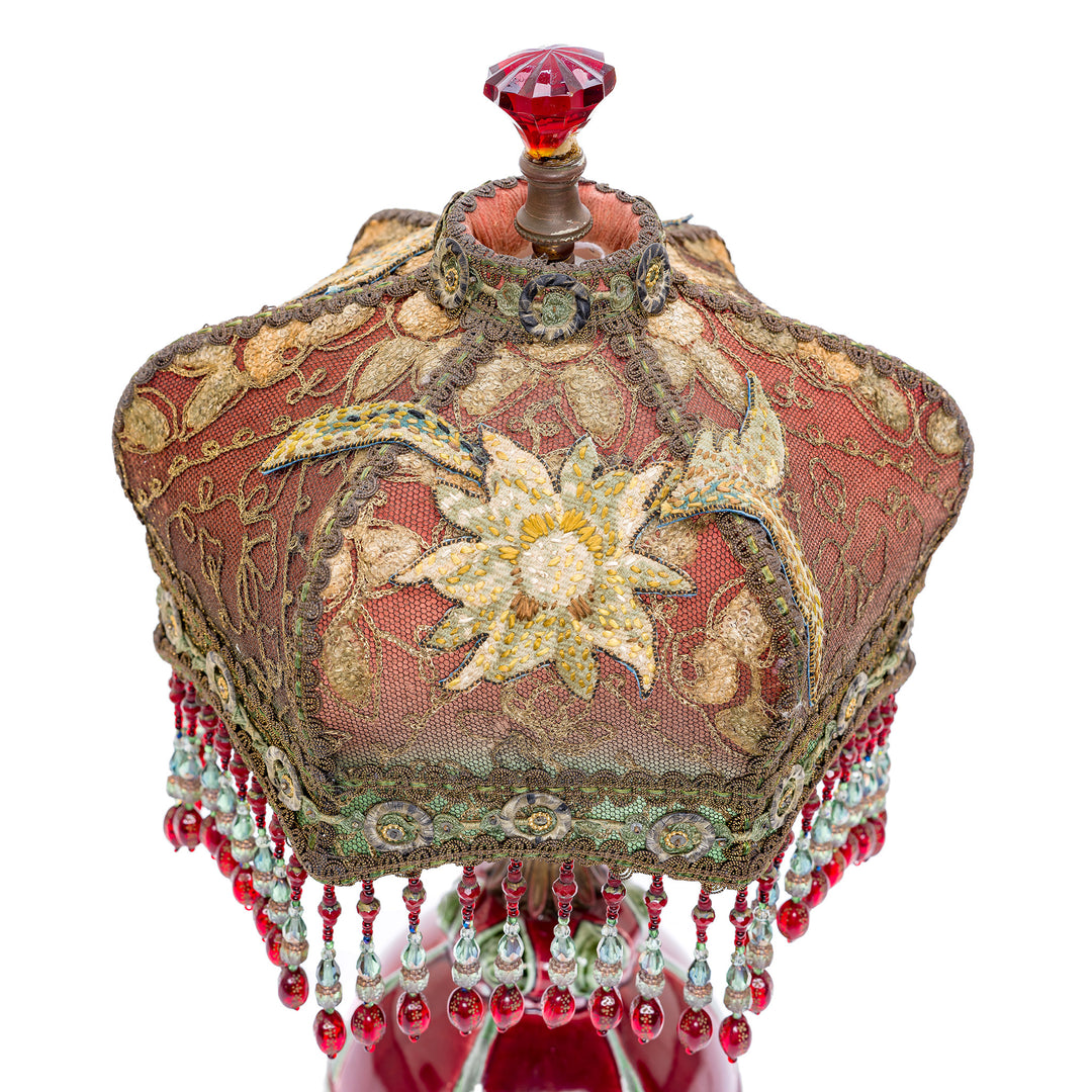Heirloom quality bronze lamp featuring Victorian hand embroidery.
