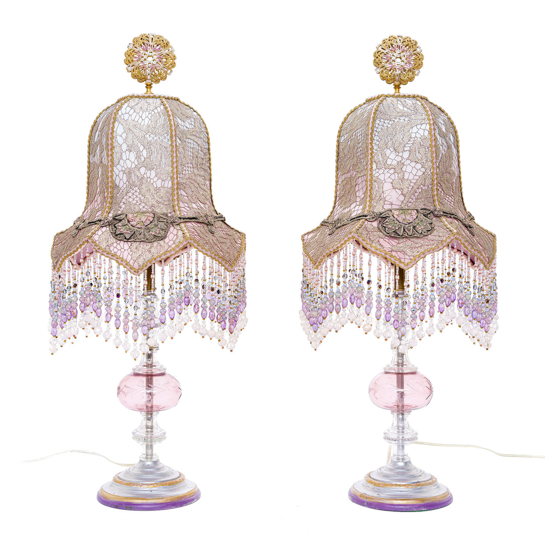 Pair of hand-embroidered bronze lamps with crystal beadwork, circa 1890-1920s.