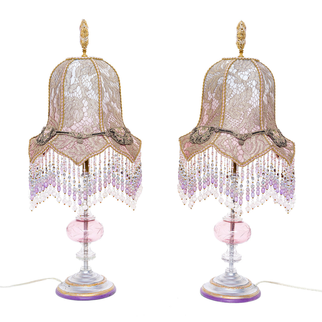 Antique lamp duo with handcrafted lace detail and beaded fringes.