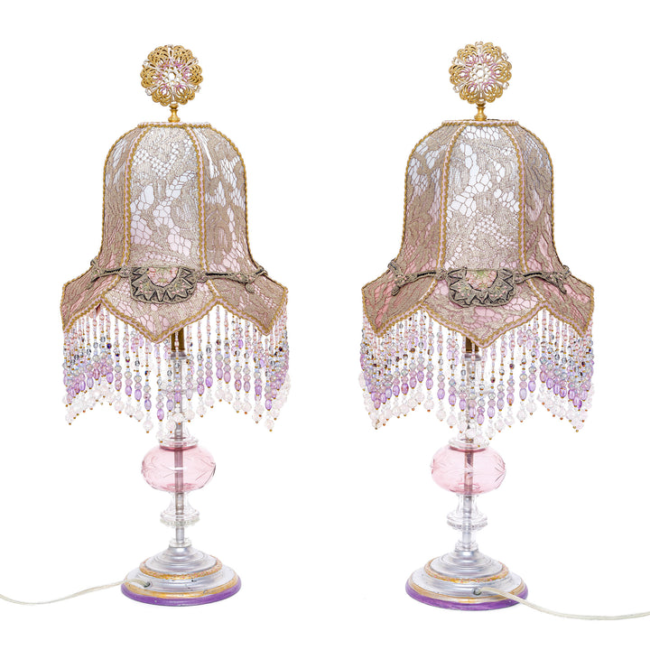 Vintage embroidered lamp pair made in the USA, featuring Victorian elegance.
