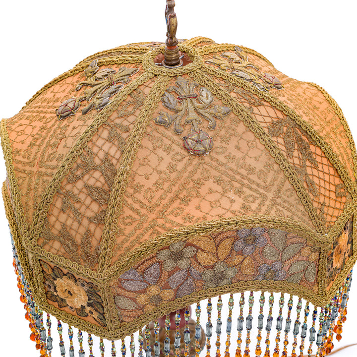 Exquisite handcrafted lamp with historical embroidery, circa 1890s.