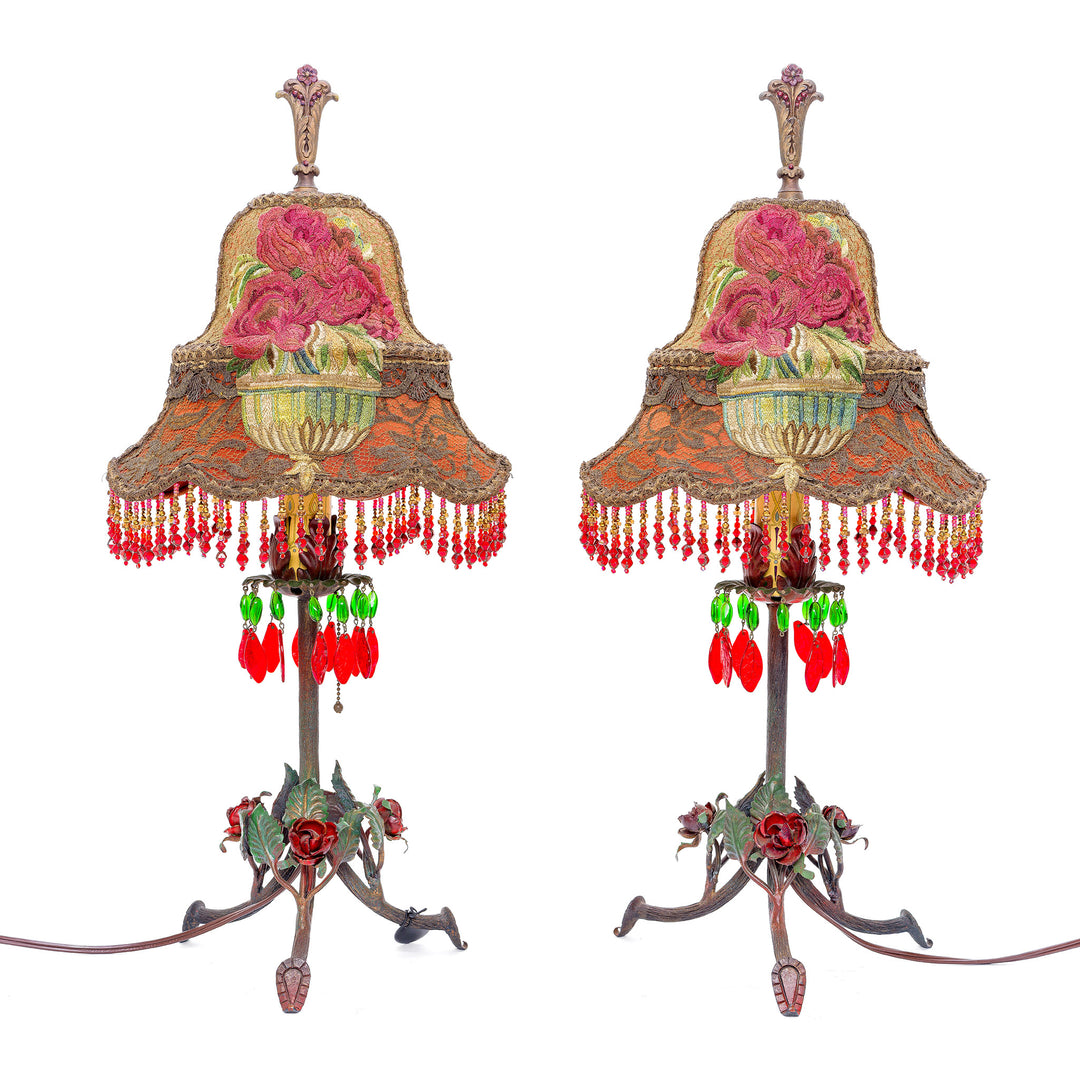 Pair of hand embroidered bronze lamps with floral beadwork, circa 1890-1920s.
