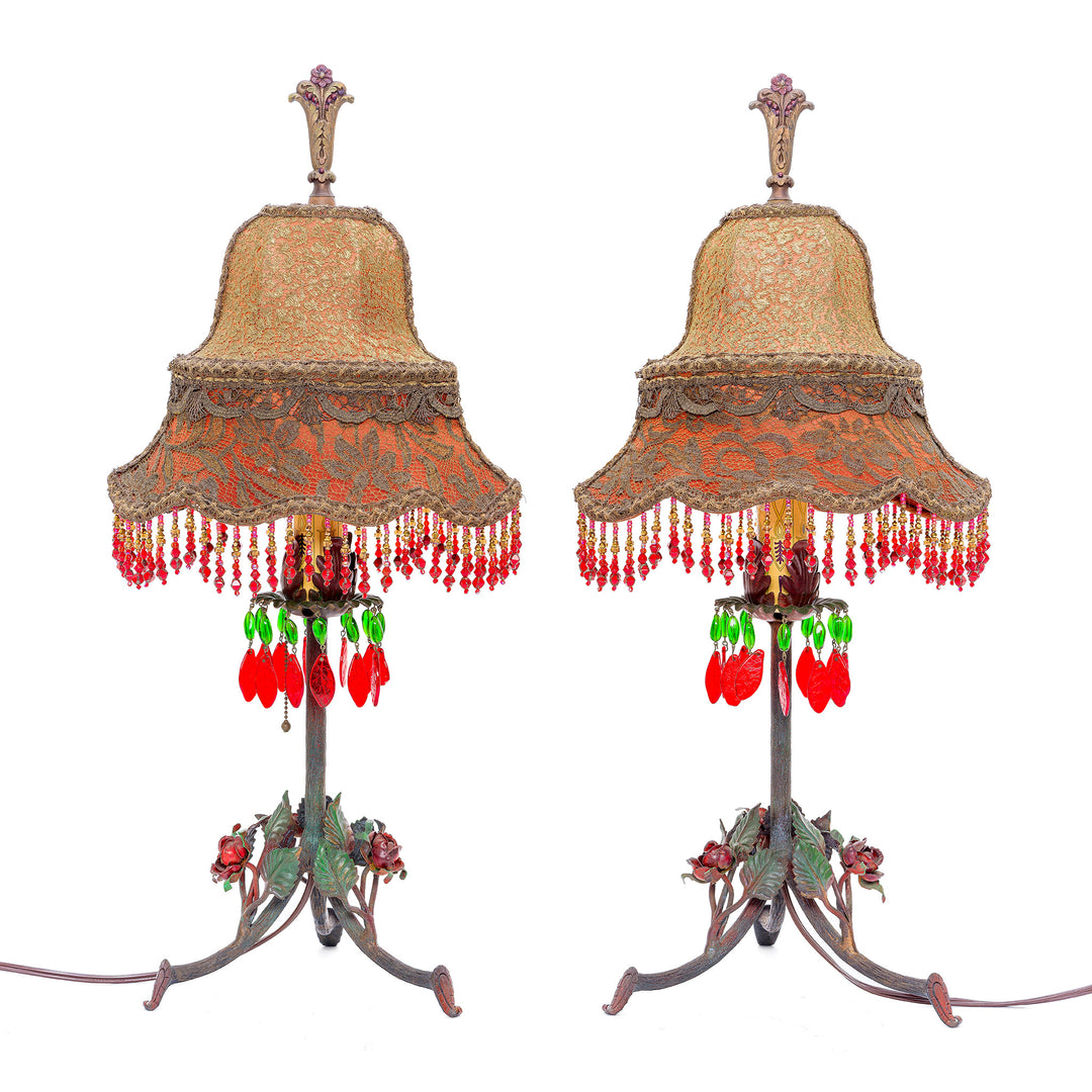 Victorian-inspired lamp set with hand-painted details and beaded accents.
