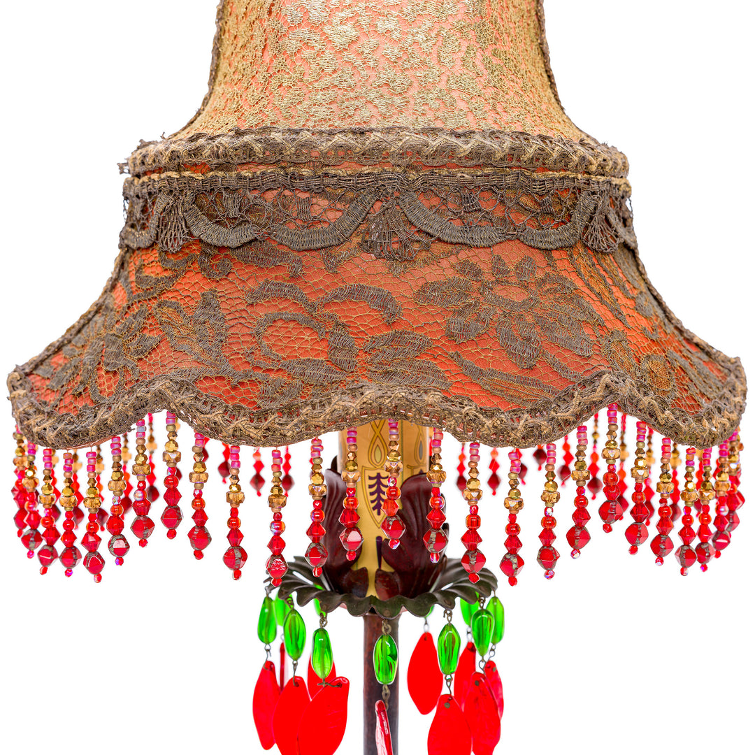 Luxurious pair of bronze lamps with vintage hand embroidery and beads.