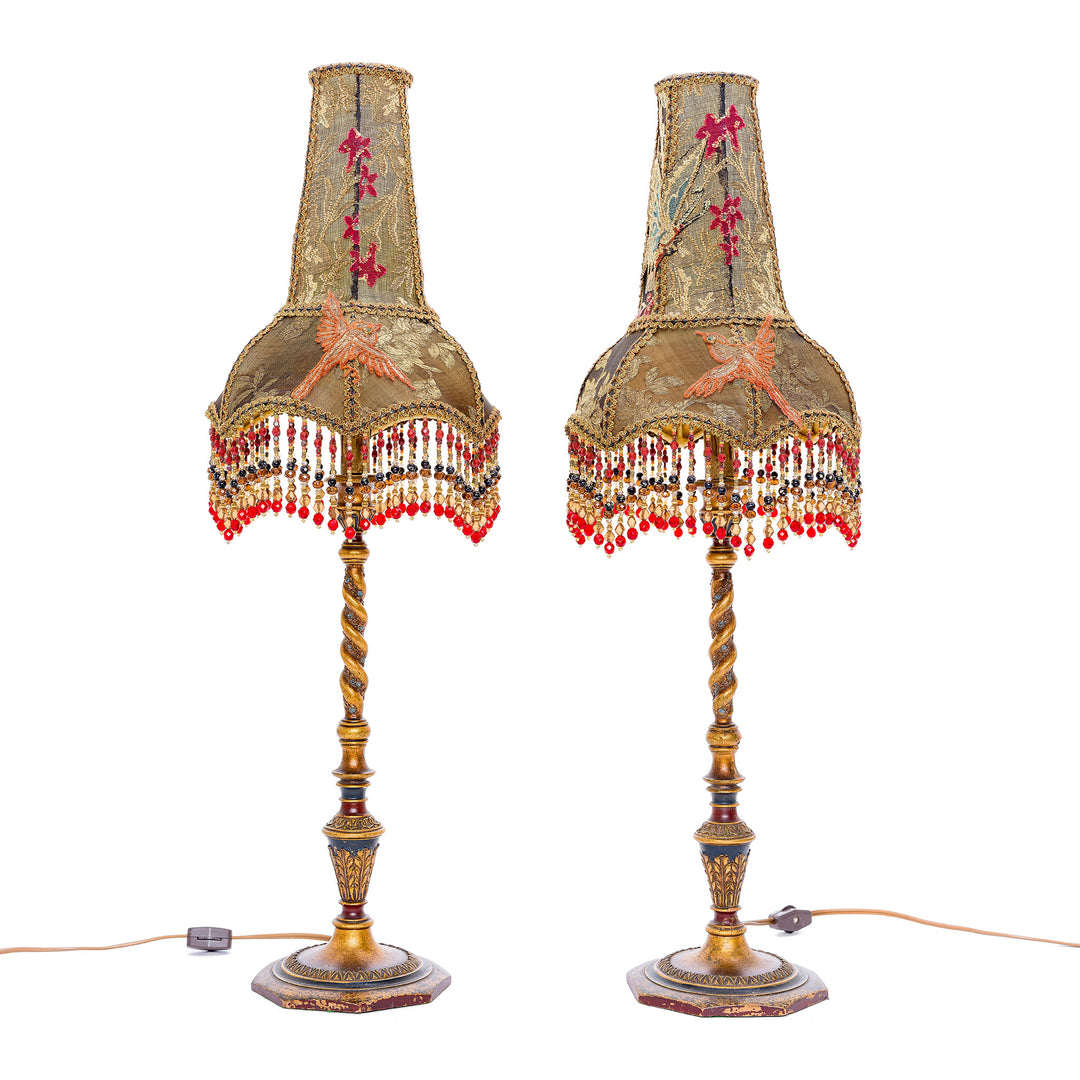 Pair of hand embroidered bronze lamps with spiraled stems, circa 1890-1920s.