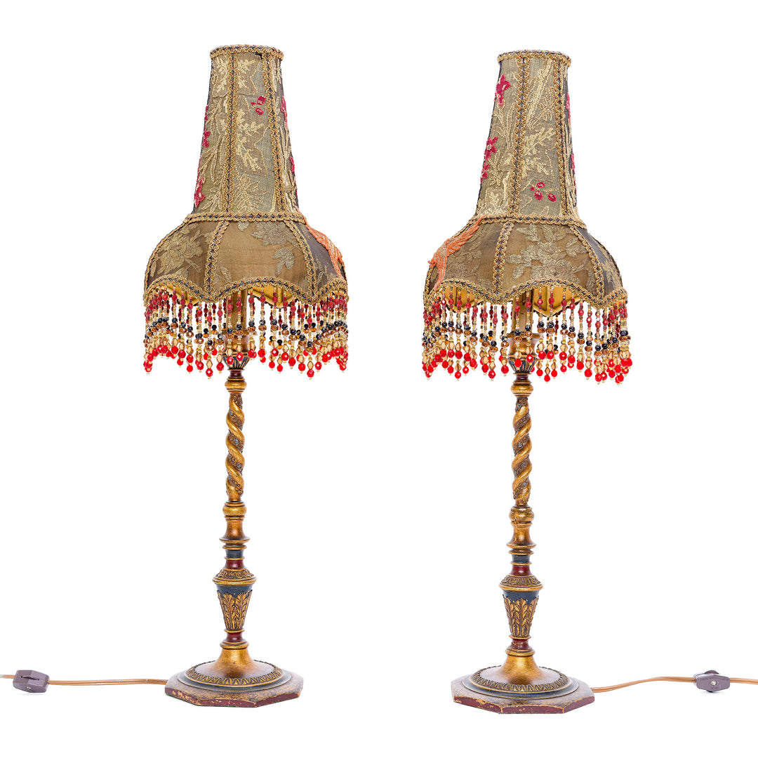 Antique twin lamp set with handcrafted embroidery, made in the USA.