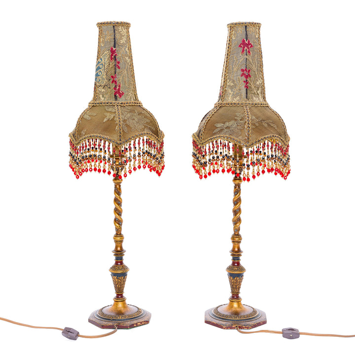 Victorian-style hand-embroidered lamps with beaded fringes.