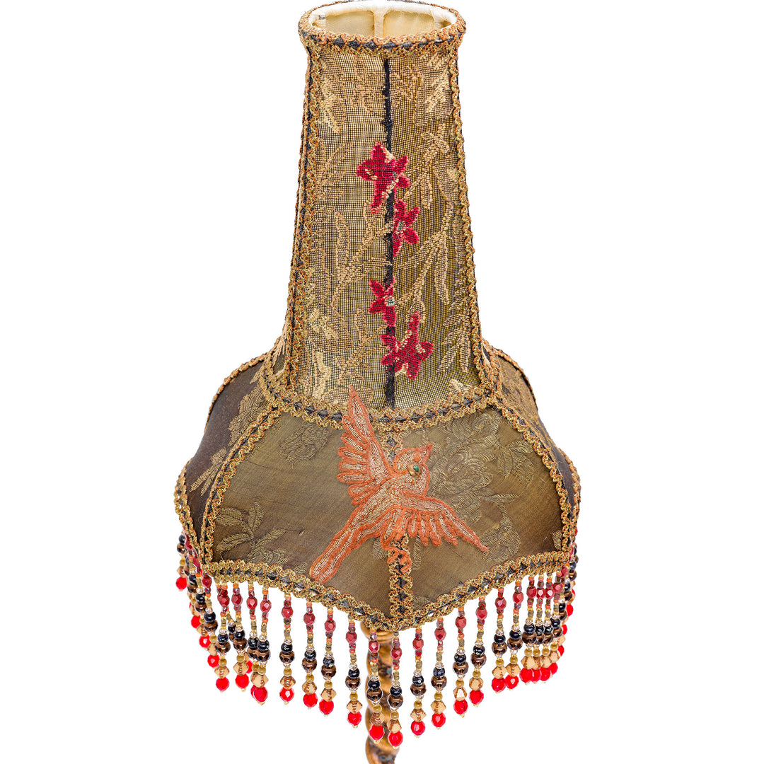 Artisanal bronze table lamp pair with Victorian embroidery and beads.