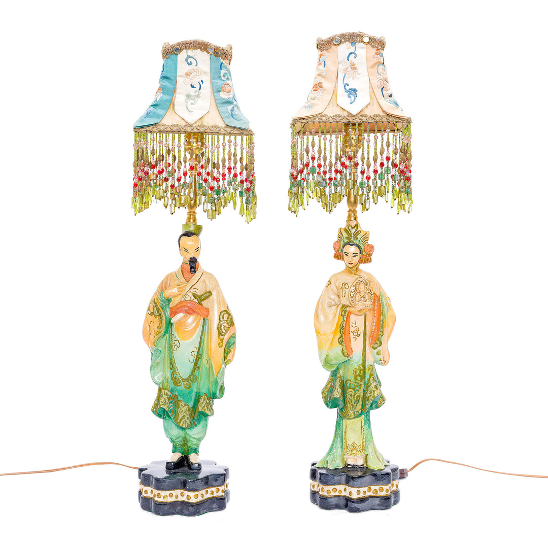 Pair of hand embroidered lamps by Kathleen Caid, reflecting 1890-1920's artisanship.