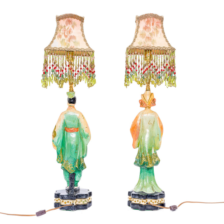 Artisanal lamp pair with Asian-inspired design, handcrafted by Kathleen Caid.